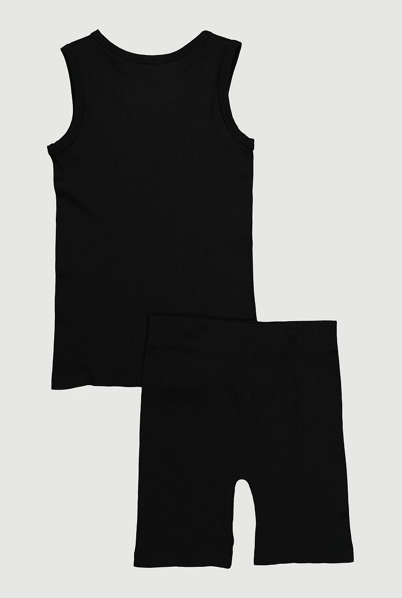 Girls Ribbed Knit Seamless Tank Top and Bike Shorts 2 Piece Set, Black, Size 7-8