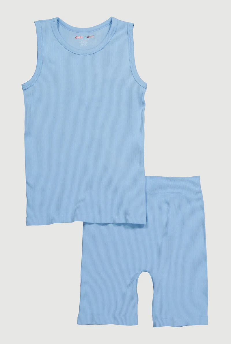 Girls Ribbed Knit Seamless Tank Top and Bike Shorts 2 Piece Set, 10-12