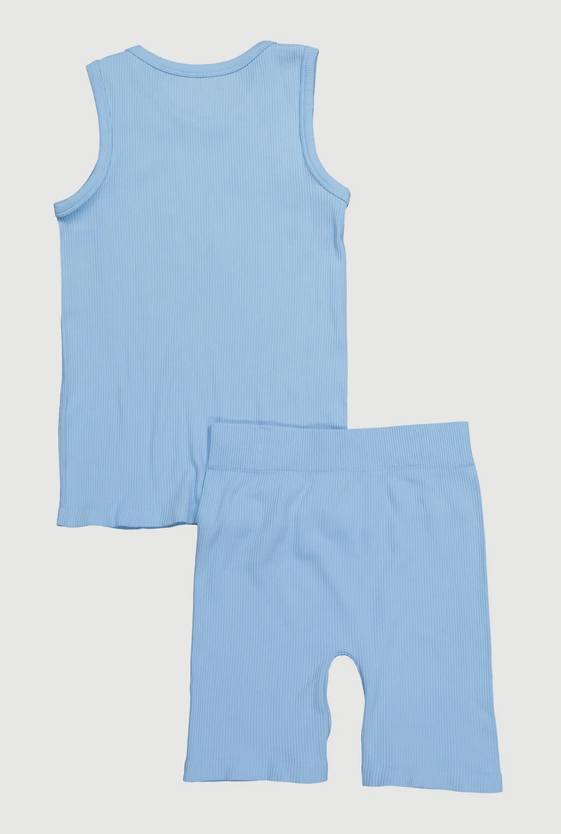 Girls Ribbed Knit Seamless Tank Top and Bike Shorts 2 Piece Set,