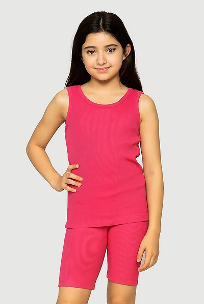 Girls Ribbed Knit Seamless Tank Top and Bike Shorts 2 Piece Set, Pink, Size 10-12