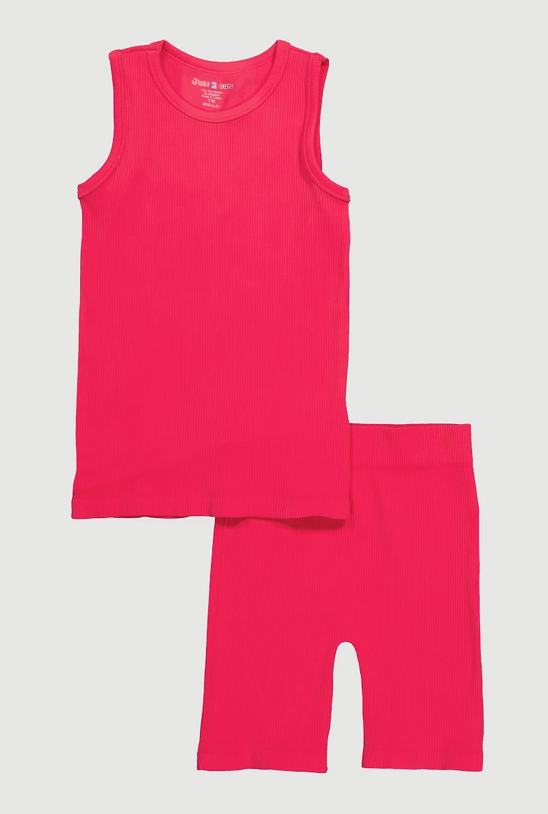 Girls Ribbed Knit Seamless Tank Top and Bike Shorts 2 Piece Set, Pink, Size 10-12