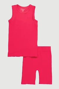 Girls Ribbed Knit Seamless Tank Top and Bike Shorts 2 Piece Set, Pink, Size 7-8