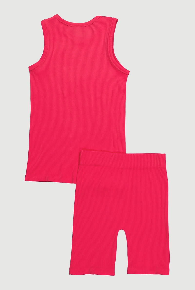 Girls Ribbed Knit Seamless Tank Top and Bike Shorts 2 Piece Set, Pink, Size 10-12