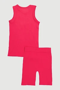 Girls Ribbed Knit Seamless Tank Top and Bike Shorts 2 Piece Set, Pink, Size 10-12