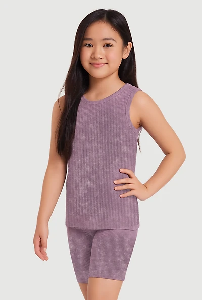 Girls Trendy Mineral Wash Muscle Tee and Biker Shorts Set, Purple, Size 10-12