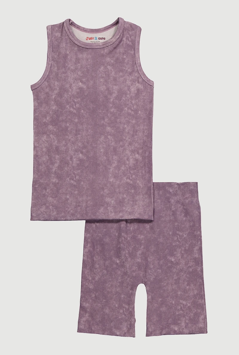 Girls Trendy Mineral Wash Muscle Tee and Biker Shorts Set, Purple, Size 10-12