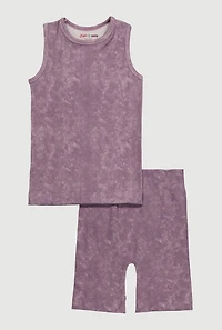 Girls Trendy Mineral Wash Muscle Tee and Biker Shorts Set, Purple, Size 10-12