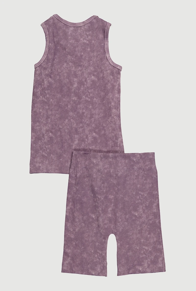 Girls Trendy Mineral Wash Muscle Tee and Biker Shorts Set, Purple, Size 10-12