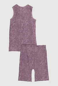 Girls Trendy Mineral Wash Muscle Tee and Biker Shorts Set, Purple, Size 10-12