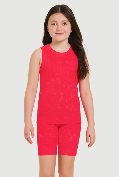 Girls Trendy Mineral Wash Muscle Tee and Biker Shorts Set, Pink, Size 10-12