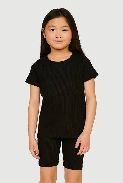 Girls Seamless Ribbed Knit Tee and Bike Shorts 2 Piece Set, 7-8
