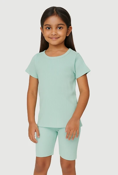 Girls Seamless Ribbed Knit Tee and Bike Shorts 2 Piece Set,