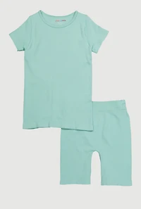 Girls Seamless Ribbed Knit Tee and Bike Shorts 2 Piece Set, Green, Size 7-8