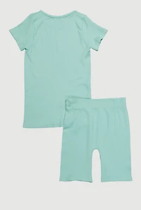 Girls Seamless Ribbed Knit Tee and Bike Shorts 2 Piece Set, Green, Size 7-8