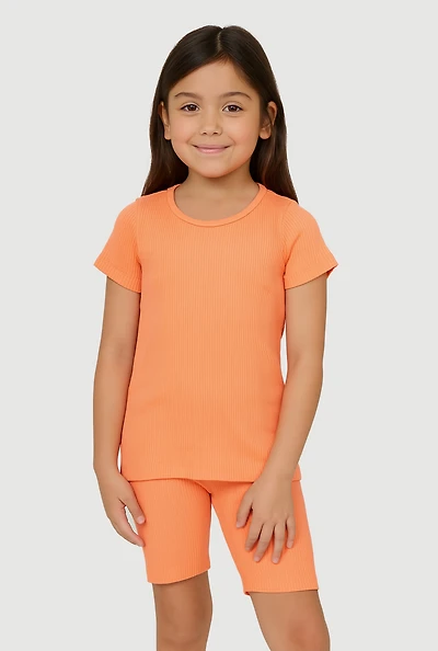 Girls Seamless Ribbed Knit Tee and Bike Shorts 2 Piece Set, Orange,