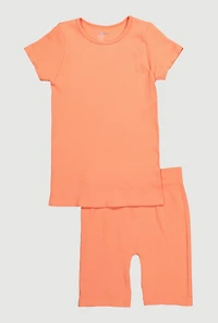Girls Seamless Ribbed Knit Tee and Bike Shorts 2 Piece Set, Orange,