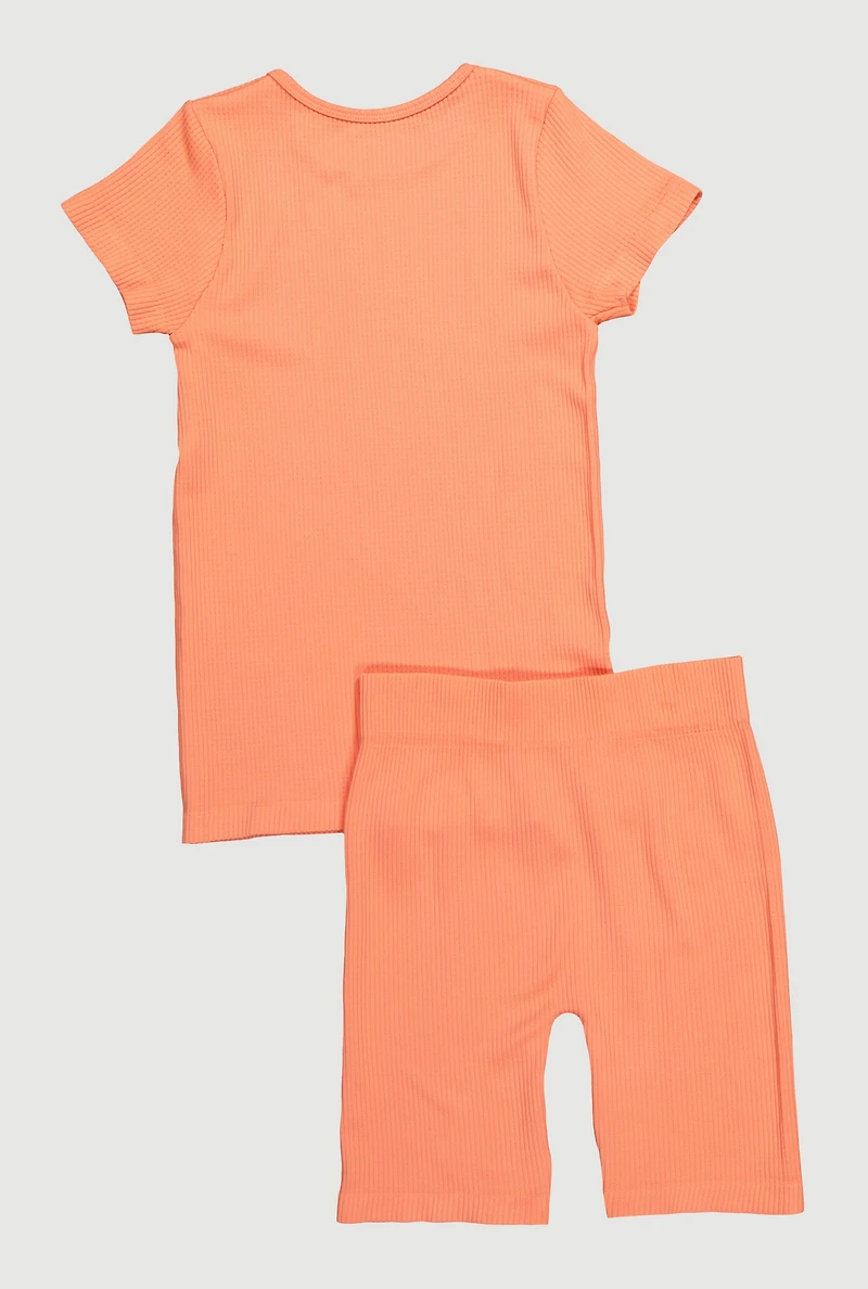 Girls Seamless Ribbed Knit Tee and Bike Shorts 2 Piece Set, Orange,
