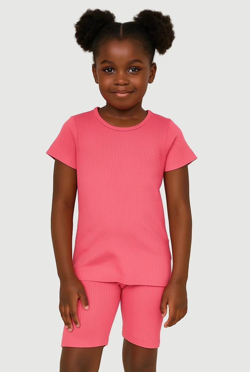 Girls Seamless Ribbed Knit Tee and Bike Shorts 2 Piece Set, Pink, Size 10-12