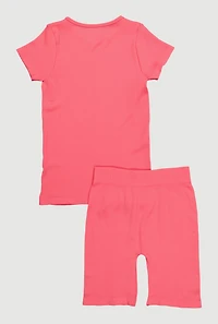 Girls Seamless Ribbed Knit Tee and Bike Shorts 2 Piece Set, Pink, Size 10-12