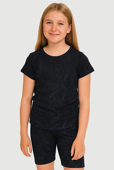 Girls Trendy Acid Wash Seamless Tee and Biker Shorts 2 Piece Set, Black,