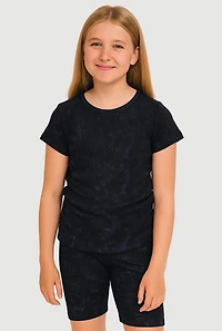 Girls Trendy Acid Wash Seamless Tee and Biker Shorts 2 Piece Set, Black,