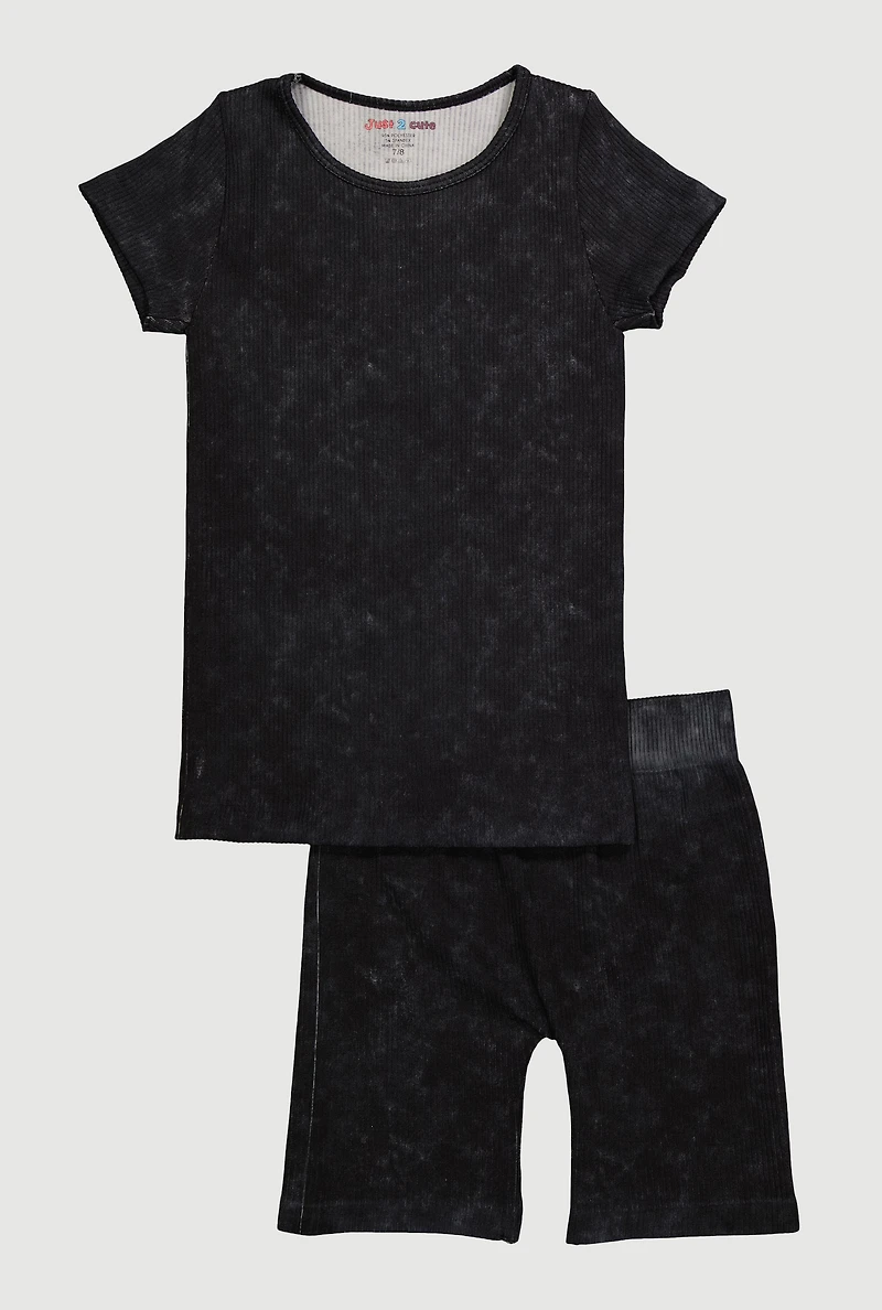 Girls Trendy Acid Wash Seamless Tee and Biker Shorts 2 Piece Set, Black,
