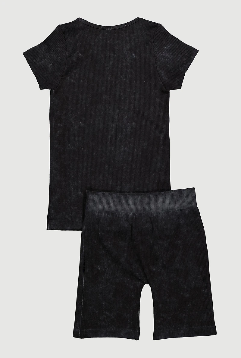 Girls Trendy Acid Wash Seamless Tee and Biker Shorts 2 Piece Set, Black,
