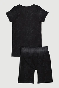 Girls Trendy Acid Wash Seamless Tee and Biker Shorts 2 Piece Set, Black,