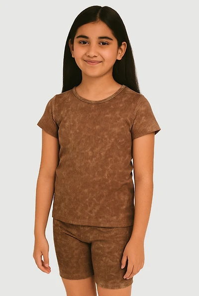 Girls Trendy Acid Wash Seamless Tee and Biker Shorts 2 Piece Set,