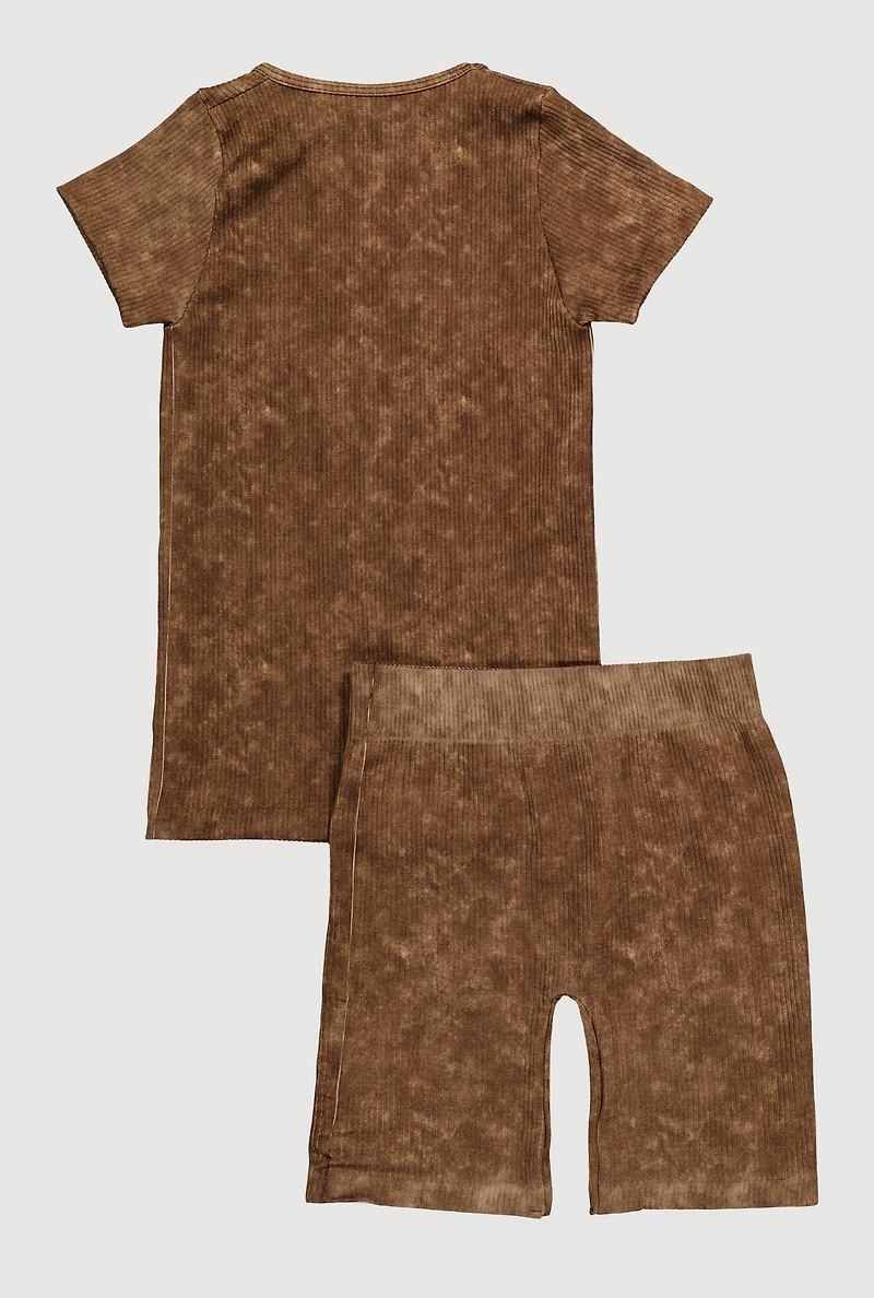 Girls Trendy Acid Wash Seamless Tee and Biker Shorts 2 Piece Set, Brown, Size 7-8