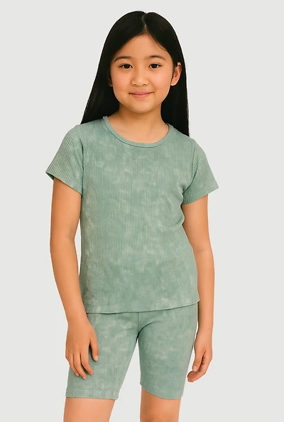 Girls Trendy Acid Wash Seamless Tee and Biker Shorts 2 Piece Set,