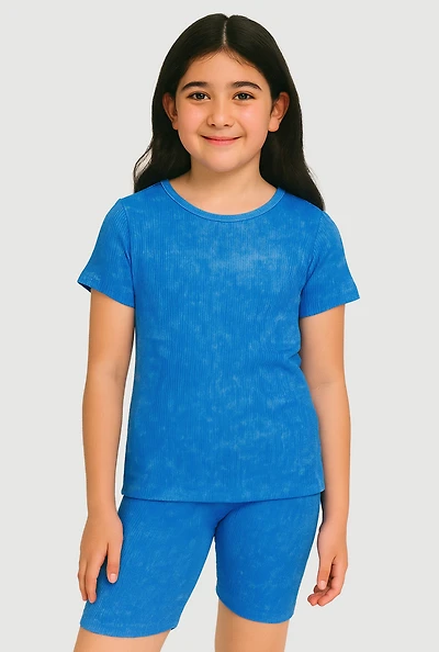 Girls Trendy Acid Wash Seamless Tee and Biker Shorts 2 Piece Set, Blue, Size 7-8