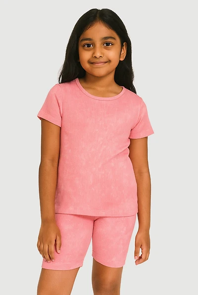 Girls Trendy Acid Wash Seamless Tee and Biker Shorts 2 Piece Set,