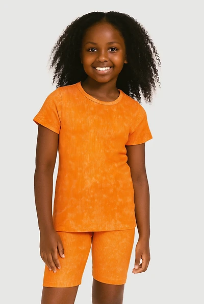 Girls Trendy Acid Wash Seamless Tee and Biker Shorts 2 Piece Set, 7-8