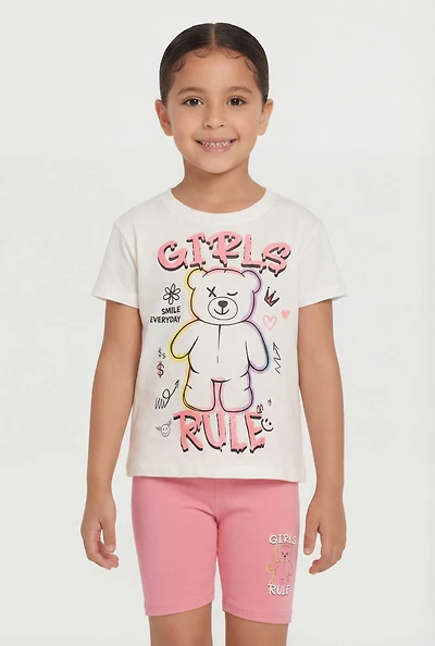Little Girls Teddy Bear Rule Graphic Tee and Biker Shorts