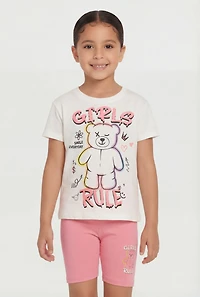 Little Girls Teddy Bear Rule Graphic Tee and Biker Shorts