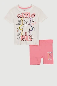 Little Girls Teddy Bear Rule Graphic Tee and Biker Shorts