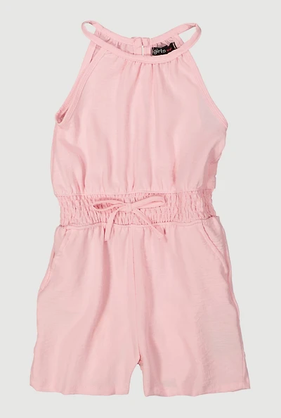 Little Girls Smocked Waist Sleeveless Romper, Pink, Size 5-6
