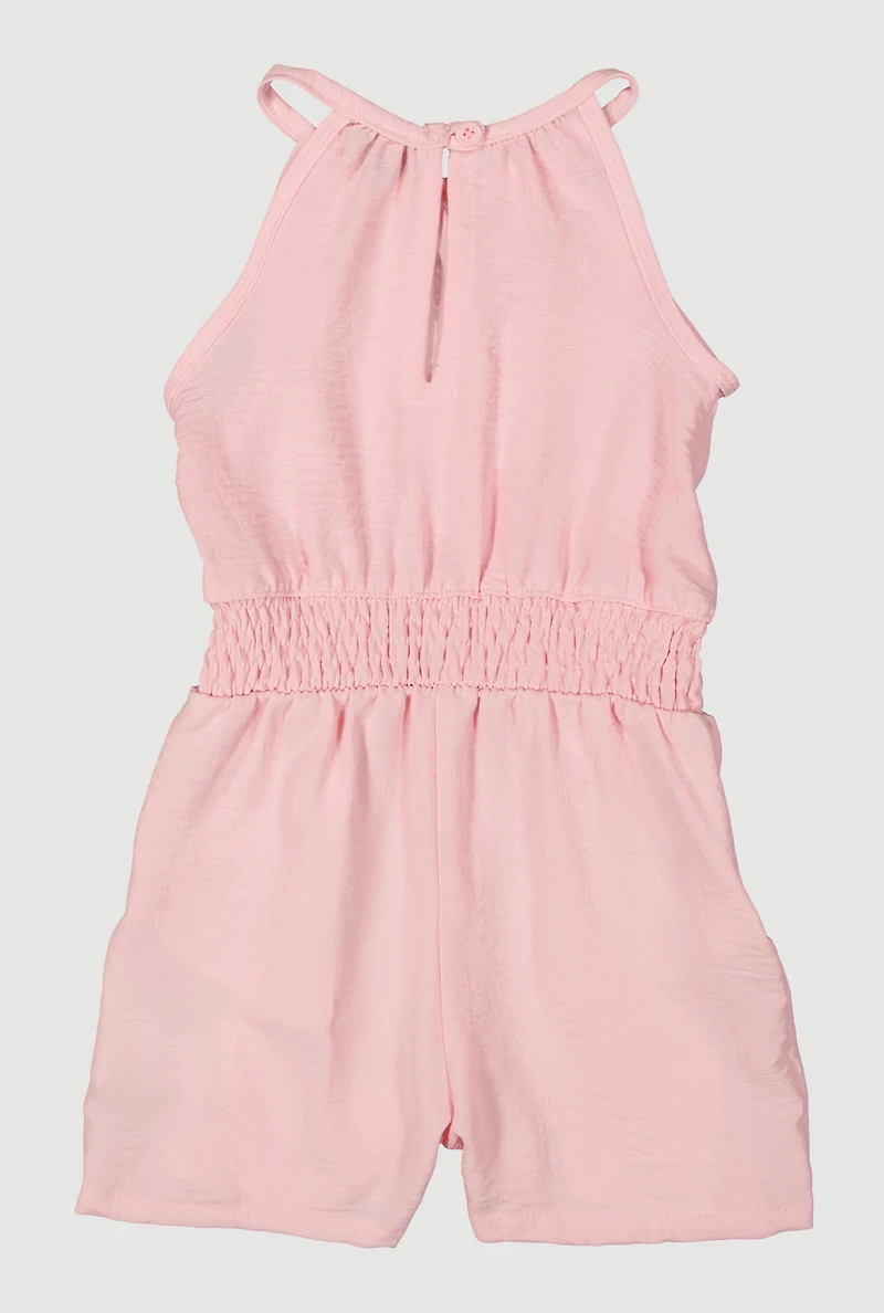 Little Girls Smocked Waist Sleeveless Romper, Pink, Size 5-6