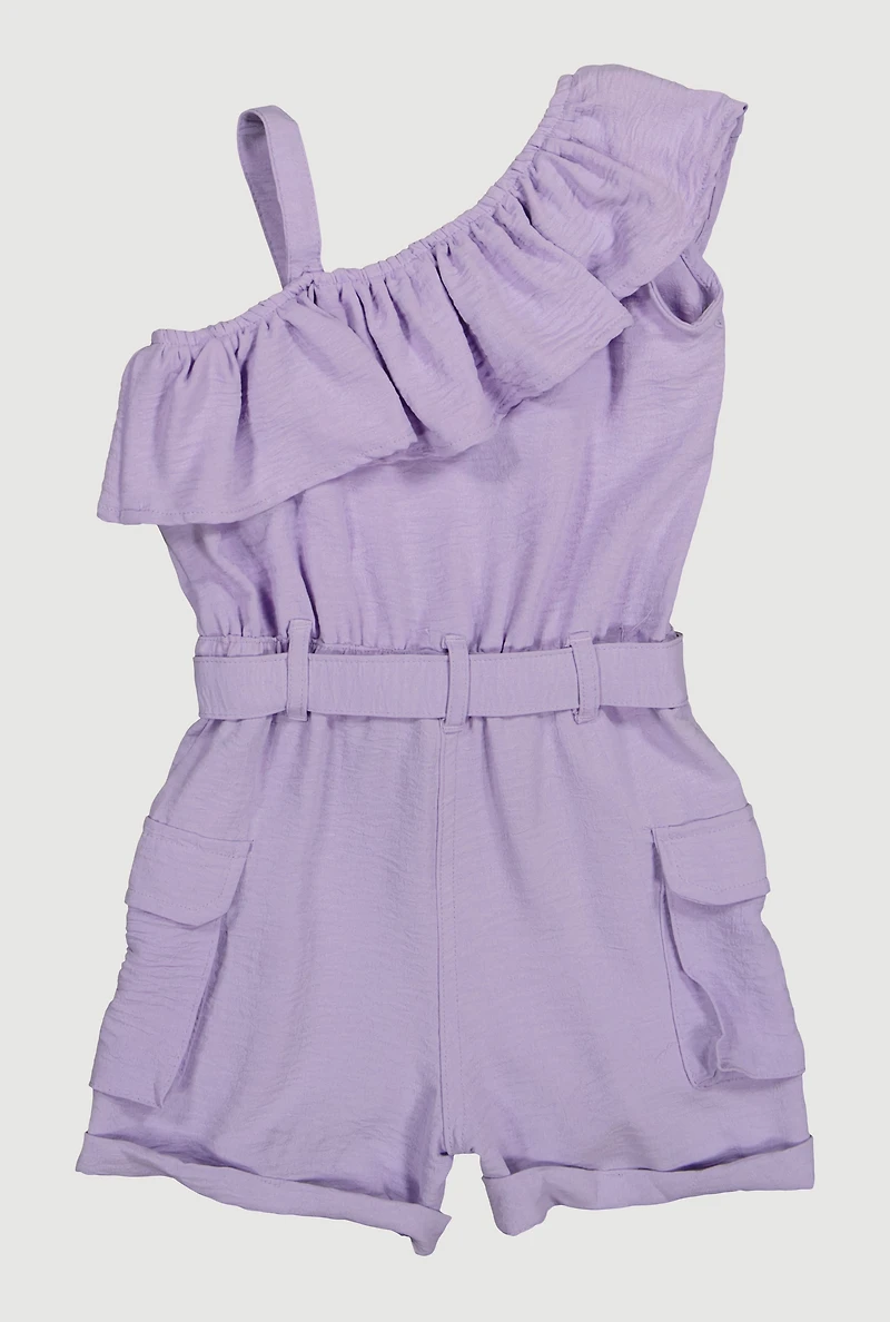 Little Girls Ruffle One Shoulder Cargo Romper, Purple, Size 4