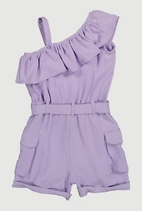 Little Girls Ruffle One Shoulder Cargo Romper, Purple, Size 4