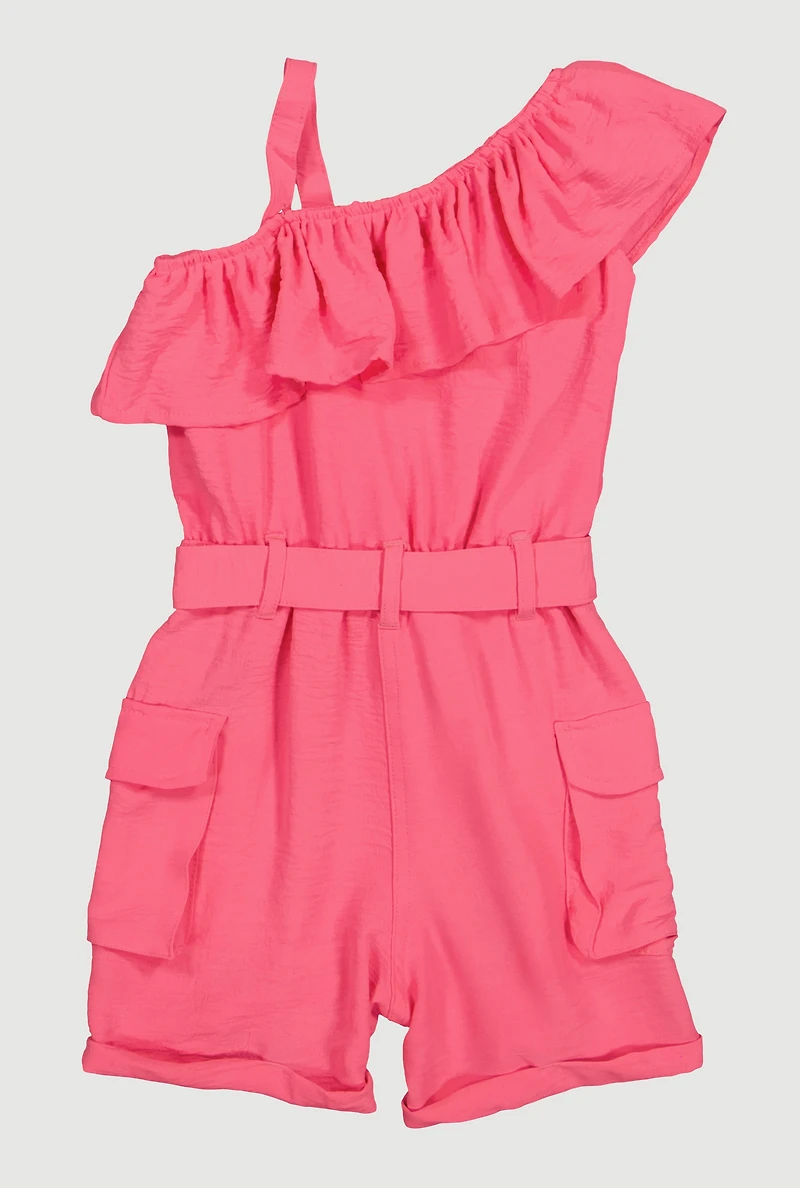 Little Girls Ruffle One Shoulder Cargo Romper, Pink, Size 4