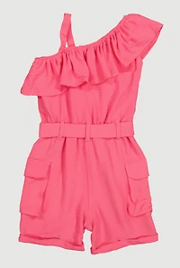 Little Girls Ruffle One Shoulder Cargo Romper, Pink, Size 4