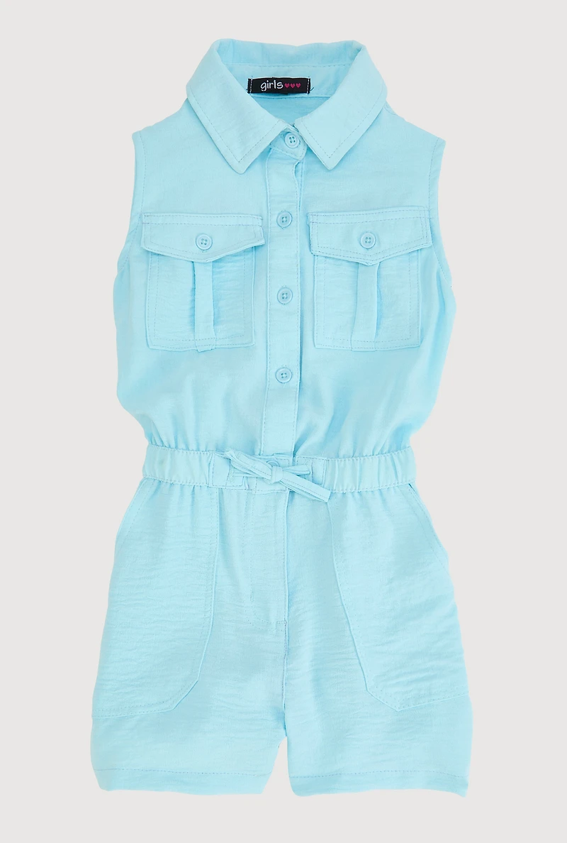 Little Girls Sleeveless Button Front Romper, Blue, Size 4