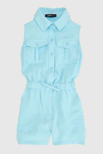 Little Girls Sleeveless Button Front Romper, Blue, Size 4