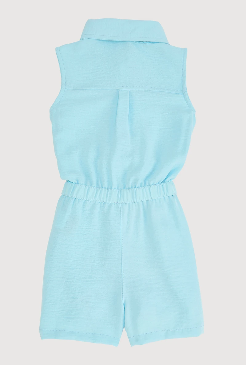 Little Girls Sleeveless Button Front Romper, Blue, Size 4