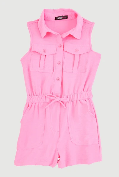 Little Girls Sleeveless Button Front Romper, Pink, Size 4