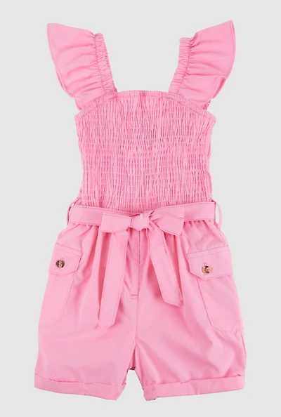 Little Girls Smocked Cargo Pocket Romper, Pink, Size 6X