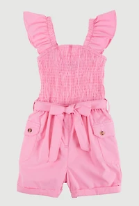 Little Girls Smocked Cargo Pocket Romper, Pink, Size 6X
