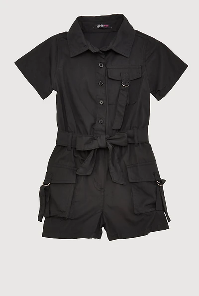 Little Girls Tie Waist Belted Utility Romper, Black, Size 4